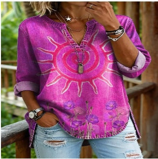 Vintage Boho Sun & Floral Print V-Neck Long Sleeve Tunic Top