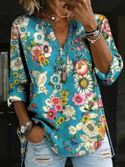Vintage Boho Sun & Floral Print V-Neck Long Sleeve Tunic Top