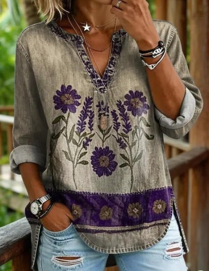 Vintage Boho Sun & Floral Print V-Neck Long Sleeve Tunic Top