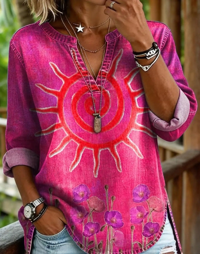Vintage Boho Sun & Floral Print V-Neck Long Sleeve Tunic Top