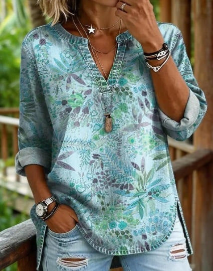 Vintage Boho Sun & Floral Print V-Neck Long Sleeve Tunic Top