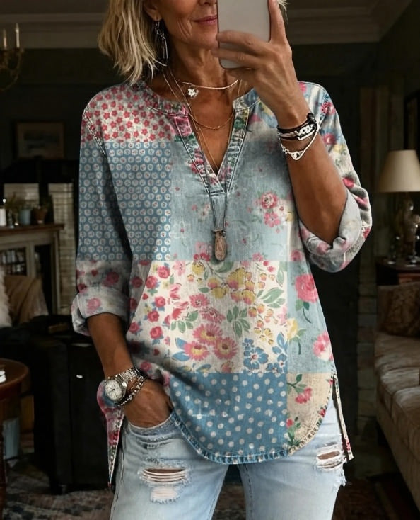 Vintage Boho Sun & Floral Print V-Neck Long Sleeve Tunic Top