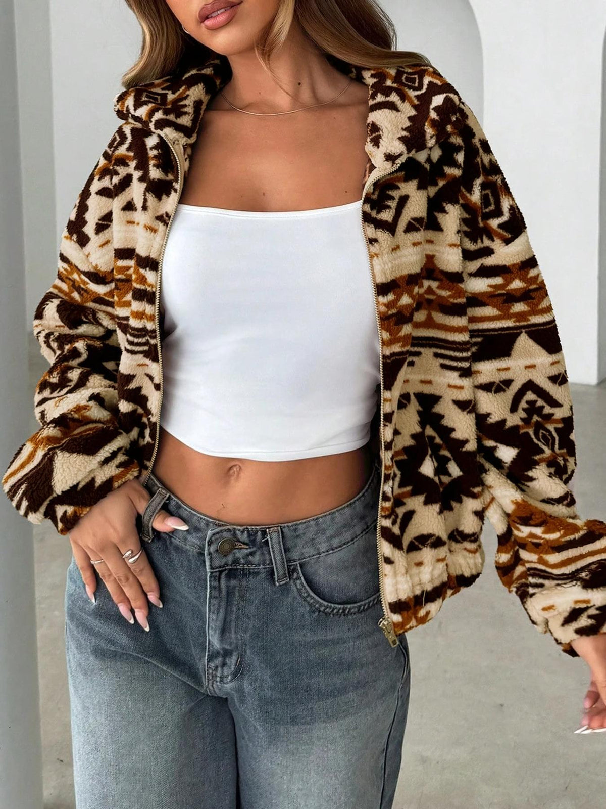 Oversized Geometric Zip-Up Jacket – Southwestern Print
