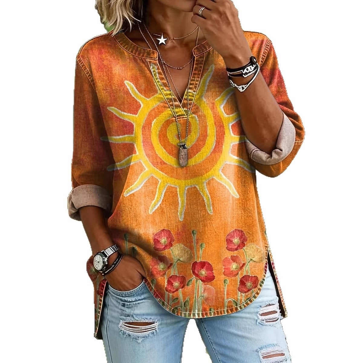 Vintage Boho Sun & Floral Print V-Neck Long Sleeve Tunic Top