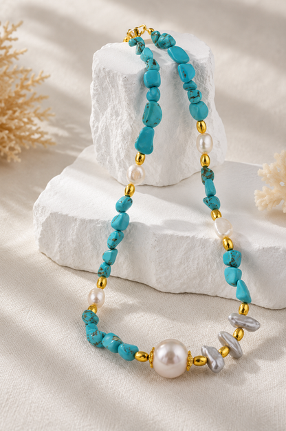 Ocean Breeze Real Freshwater Pearl & Turquoise Bead Necklace | 18K Gold Plated