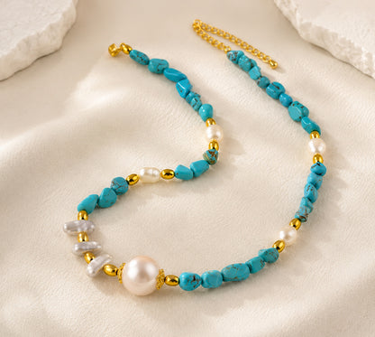 Ocean Breeze Real Freshwater Pearl & Turquoise Bead Necklace & Bracelet | 14K Gold-Plated Jewelry