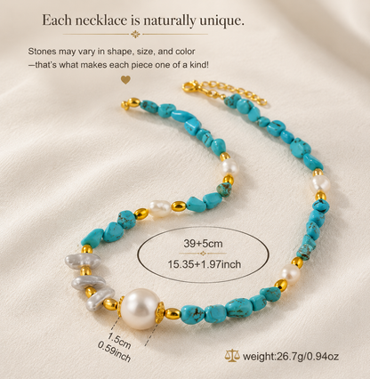 Ocean Breeze Real Freshwater Pearl & Turquoise Bead Necklace | 18K Gold Plated