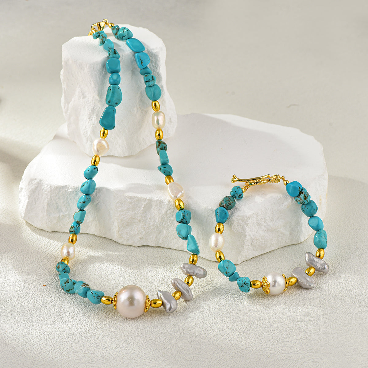 Ocean Breeze Real Freshwater Pearl & Turquoise Bead Necklace & Bracelet | 14K Gold-Plated Jewelry