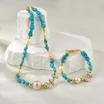 Ocean Breeze Real Freshwater Pearl & Turquoise Bead Necklace & Bracelet | 14K Gold-Plated Jewelry