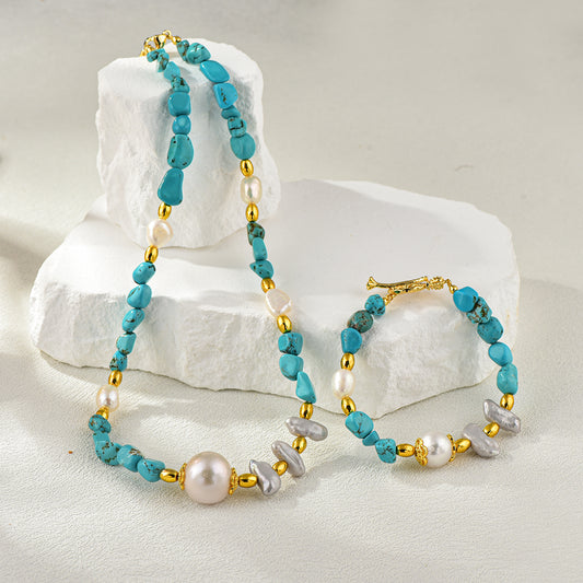 Ocean Breeze Real Freshwater Pearl & Turquoise Bead Necklace & Bracelet | 14K Gold-Plated Jewelry