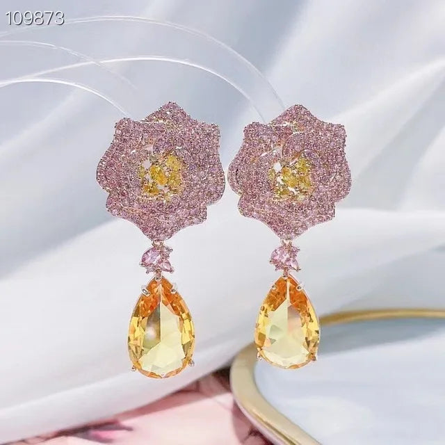 Zircon Floral Teardrop Statement Earrings – Elegant Drop Earrings