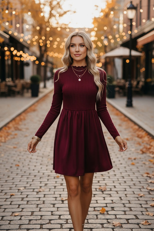 Red Dahlia Frilled Neck Ribbed Knit Patchwork Long Sleeve Mini Dress