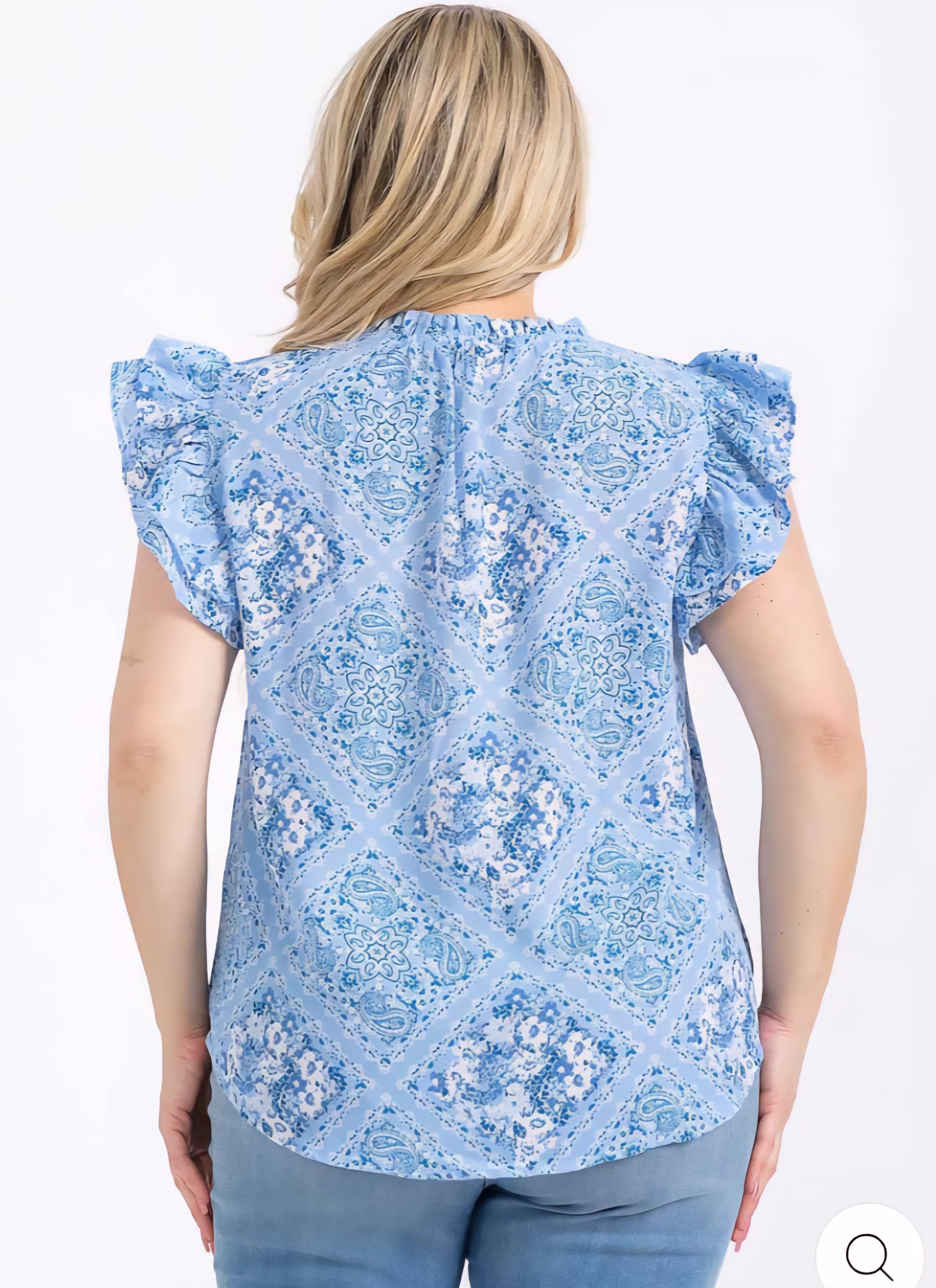 PLUS SIZE SHORT RUFFLE SLEEVE V-NECK MULTI PRINT BLOUSE - BLUE / 3-2-1 (XL-1X-2X) - JAG Universal Collection 