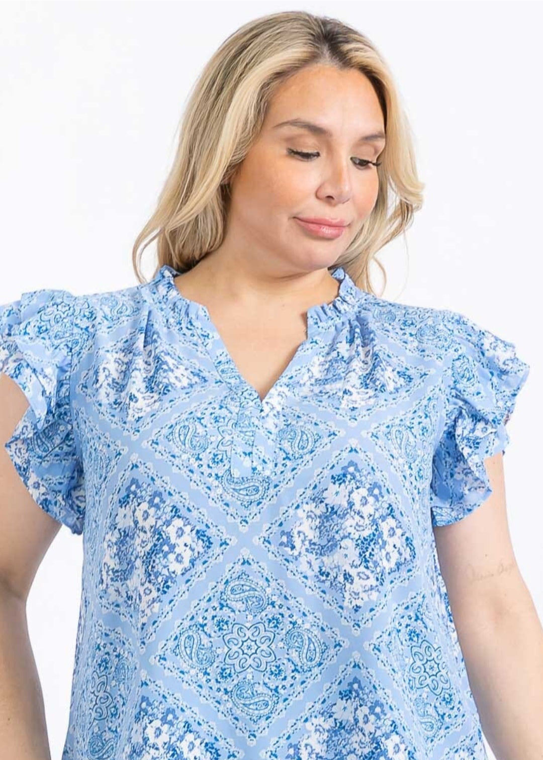 PLUS SIZE SHORT RUFFLE SLEEVE V-NECK MULTI PRINT BLOUSE - BLUE / 3-2-1 (XL-1X-2X) - JAG Universal Collection 
