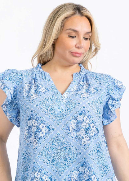 PLUS SIZE SHORT RUFFLE SLEEVE V-NECK MULTI PRINT BLOUSE - BLUE / 3-2-1 (XL-1X-2X) - JAG Universal Collection 