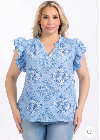 PLUS SIZE SHORT RUFFLE SLEEVE V-NECK MULTI PRINT BLOUSE - BLUE / 3-2-1 (XL-1X-2X) - JAG Universal Collection 