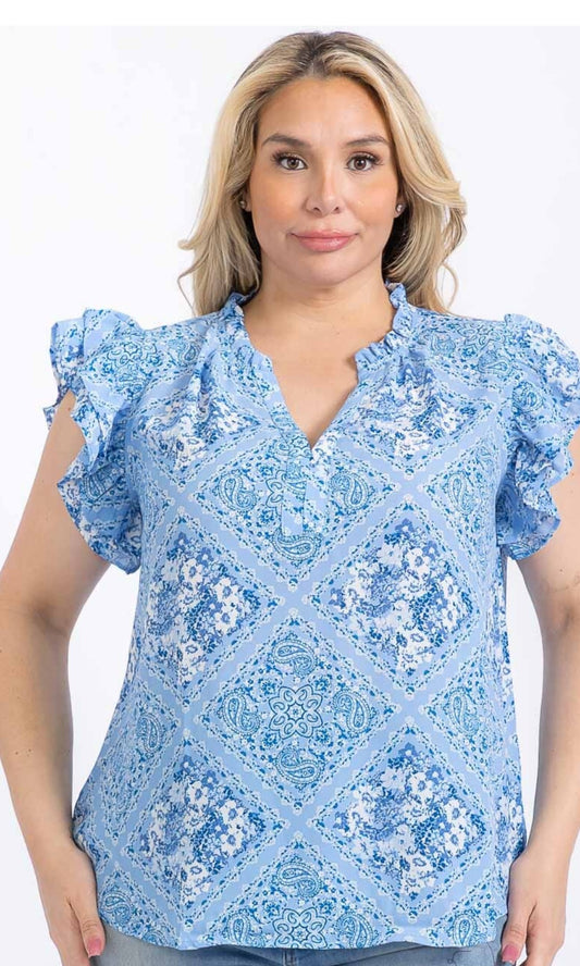 PLUS SIZE SHORT RUFFLE SLEEVE V-NECK MULTI PRINT BLOUSE - BLUE / 3-2-1 (XL-1X-2X) - JAG Universal Collection 