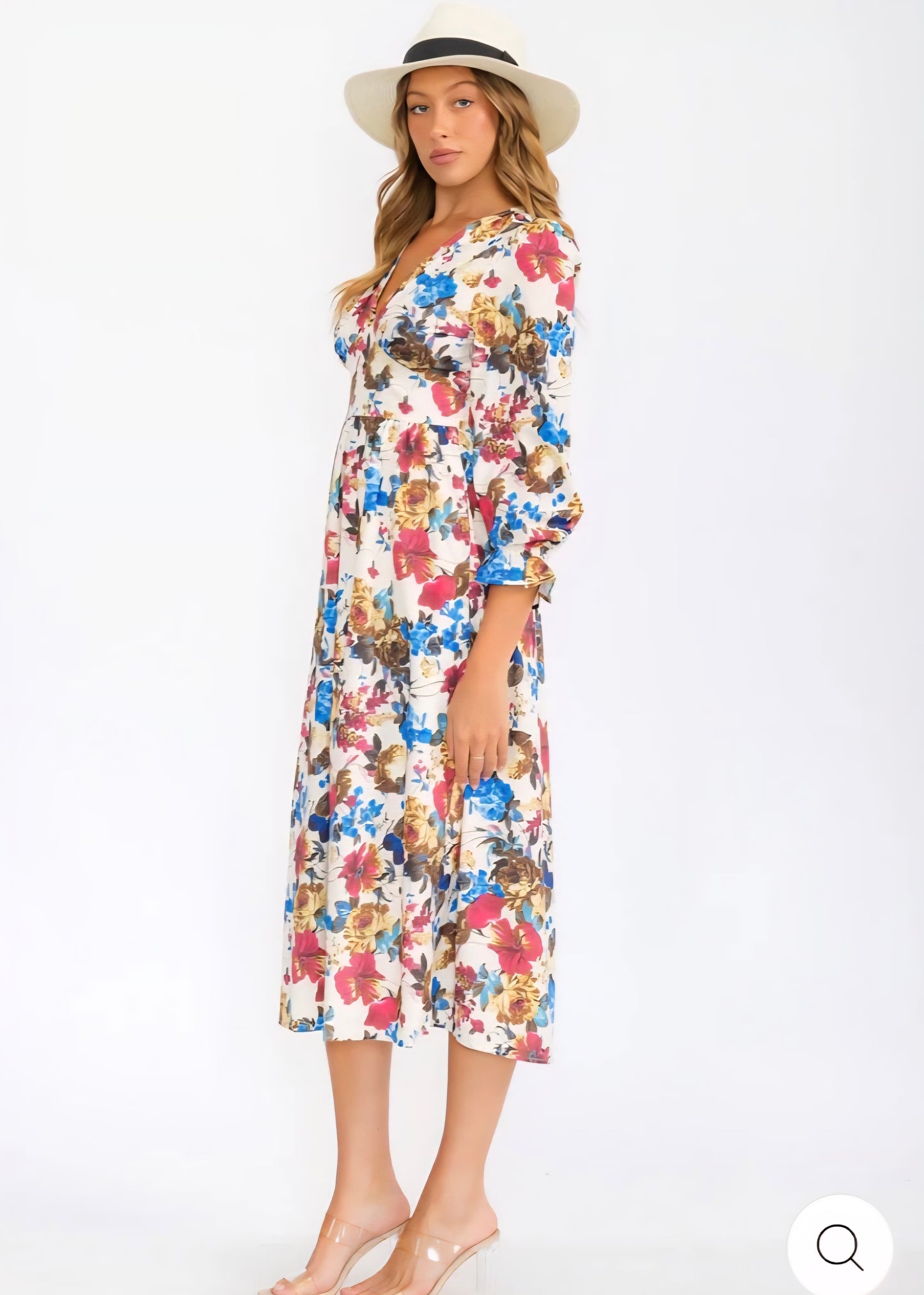 WOMEN'S 3/4 SLEEVES V-NECK ELASTIC WAIST FLORAL PRINT MIDI DRESS - JAG Universal Collection 