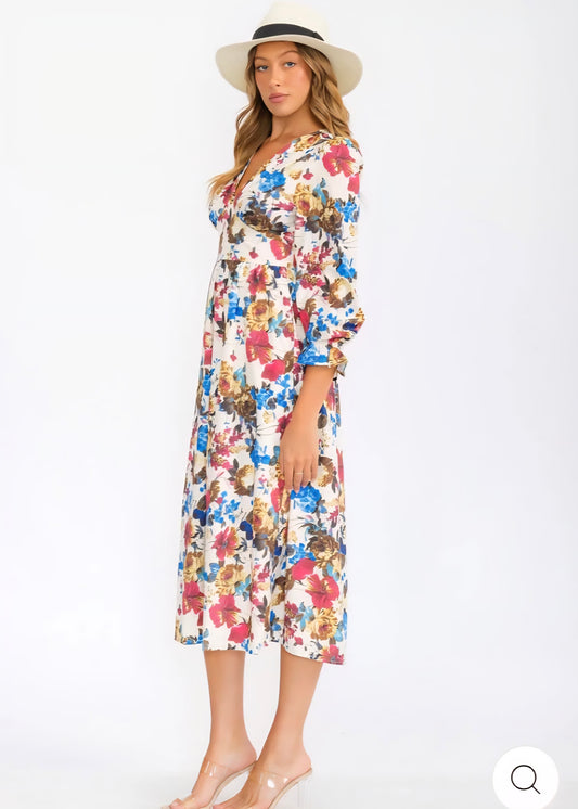 WOMEN'S 3/4 SLEEVES V-NECK ELASTIC WAIST FLORAL PRINT MIDI DRESS - JAG Universal Collection 