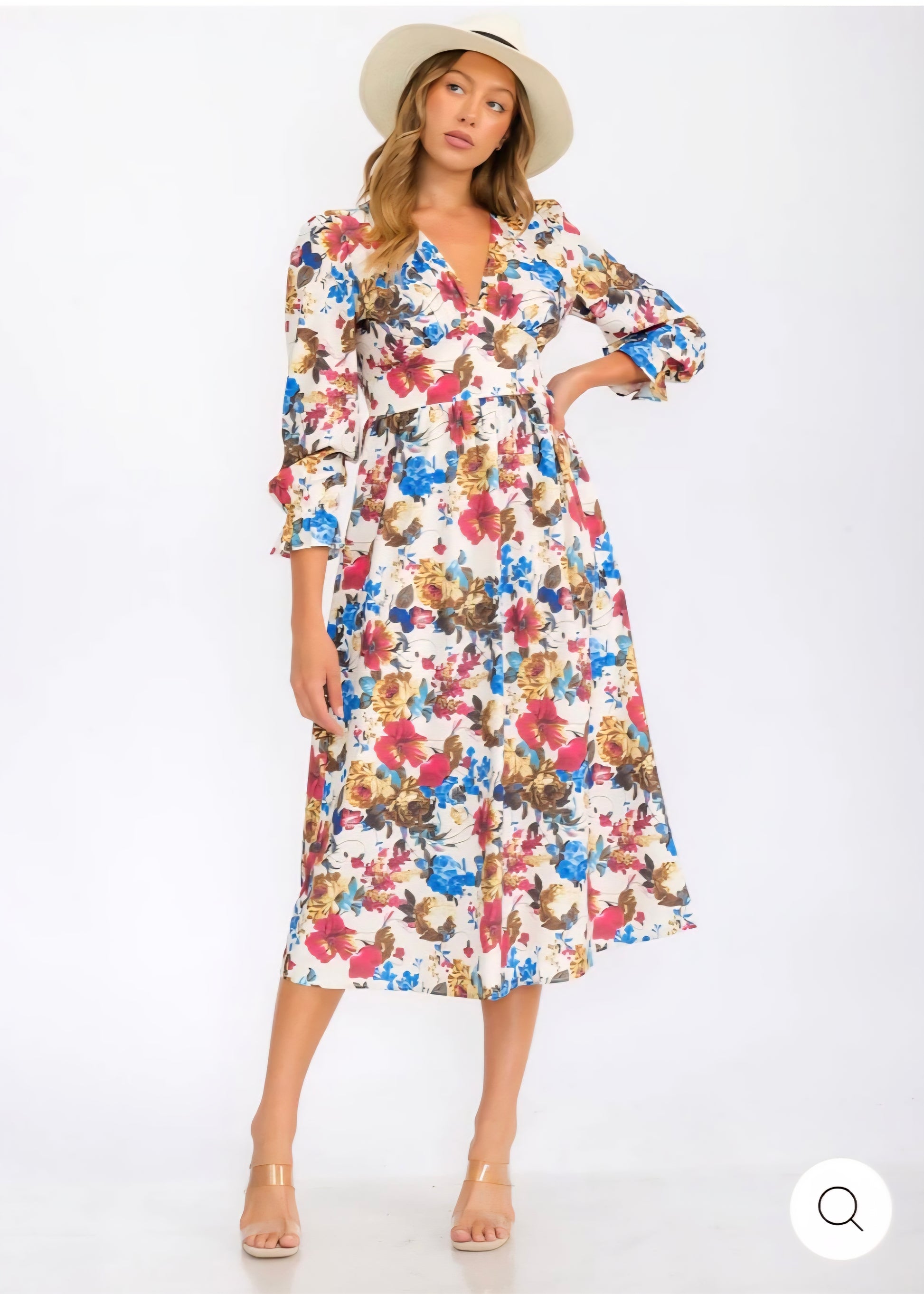 WOMEN'S 3/4 SLEEVES V-NECK ELASTIC WAIST FLORAL PRINT MIDI DRESS - JAG Universal Collection 