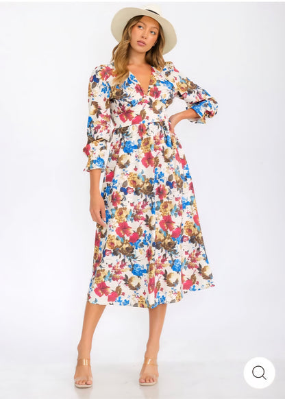 WOMEN'S 3/4 SLEEVES V-NECK ELASTIC WAIST FLORAL PRINT MIDI DRESS - JAG Universal Collection 