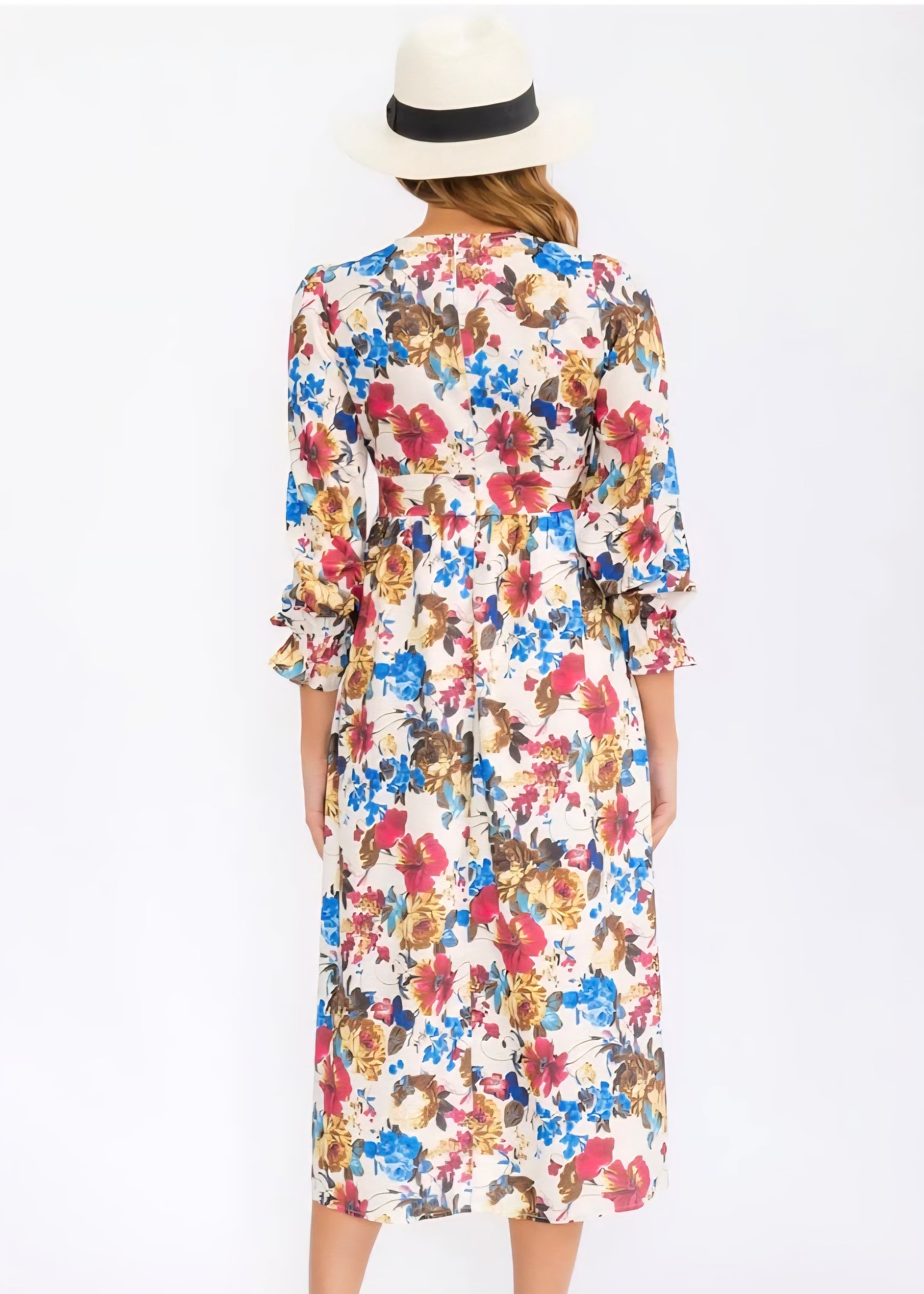WOMEN'S 3/4 SLEEVES V-NECK ELASTIC WAIST FLORAL PRINT MIDI DRESS - JAG Universal Collection 