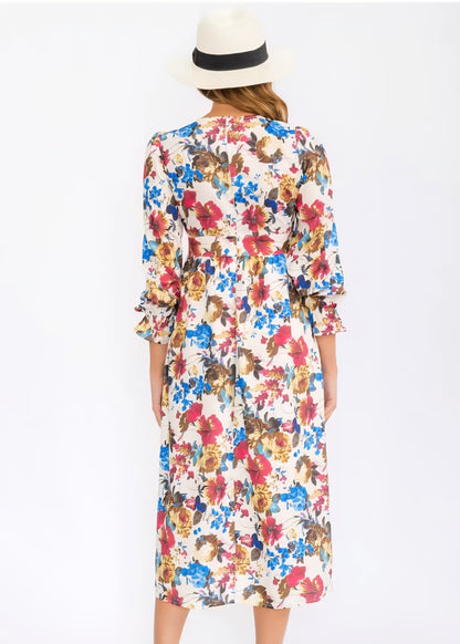 WOMEN'S 3/4 SLEEVES V-NECK ELASTIC WAIST FLORAL PRINT MIDI DRESS - JAG Universal Collection 