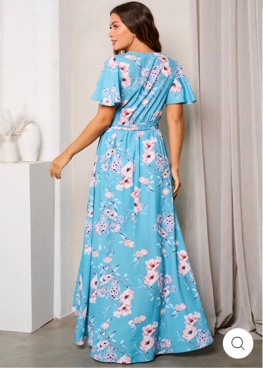 WOMEN'S SHORT SLEEVE HIGH-LOW WRAP FLORAL MAXI DRESS - JAG Universal Collection 
