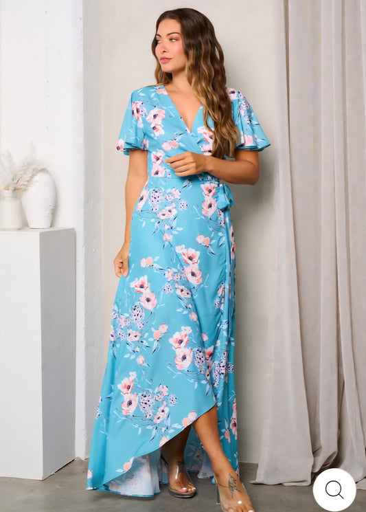WOMEN'S SHORT SLEEVE HIGH-LOW WRAP FLORAL MAXI DRESS - JAG Universal Collection 