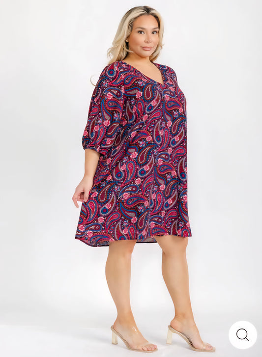 PLUS SIZE 3/4 SLEEVE V-NECK PAISLEY PRINT TUNIC MIDI DRESS  - JAG Universal Collection 