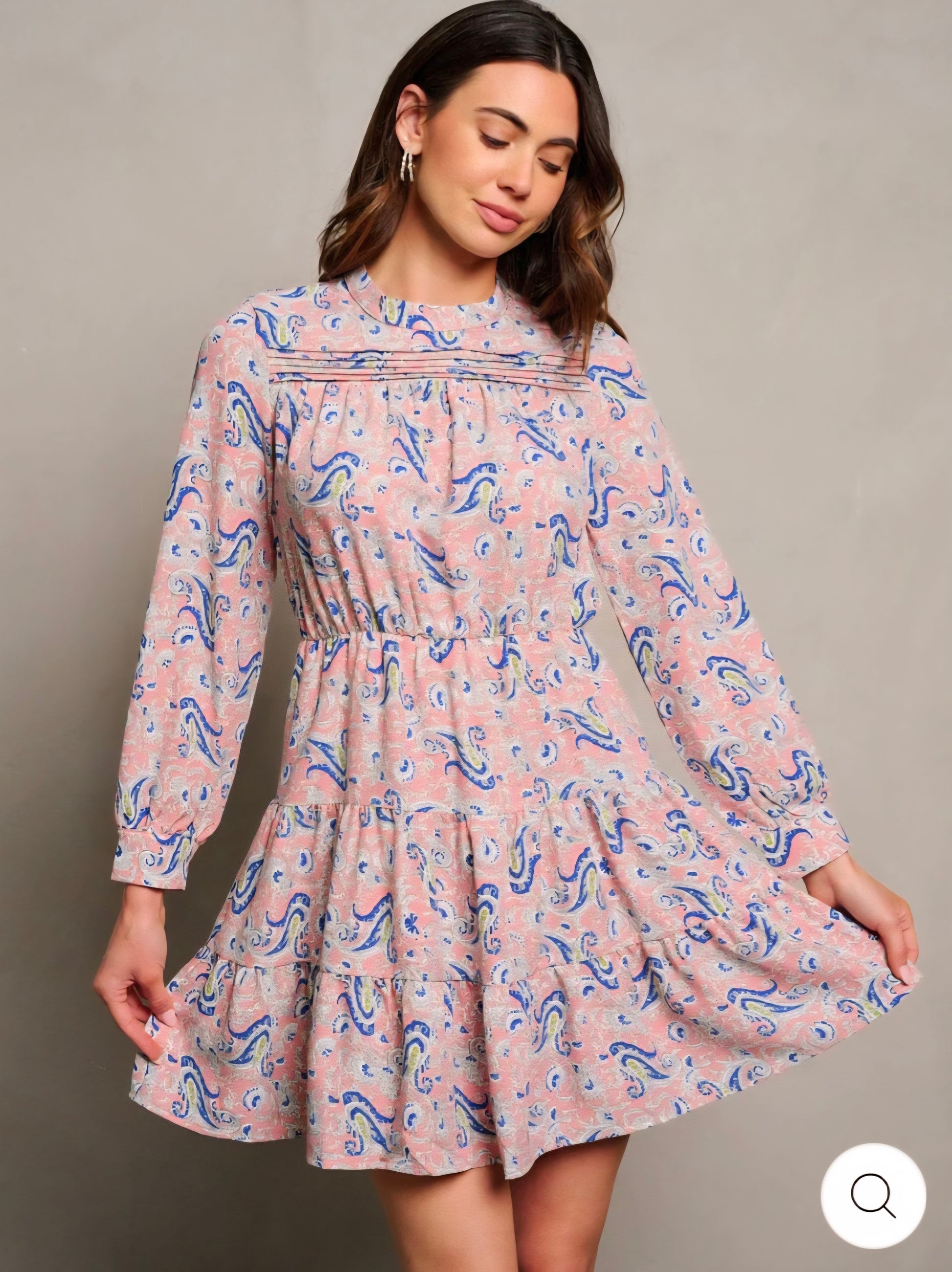 WOMEN'S LONG SLEEVE ELASTIC WAIST PAISLEY PRINT MINI DRESS - JAG Universal Collection 