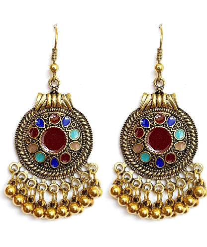 Kundan Handmade Bohemian Vintage Gold Bronze Round Flower Geometry Dangle Drop Earrings - JAG Universal Collection 
