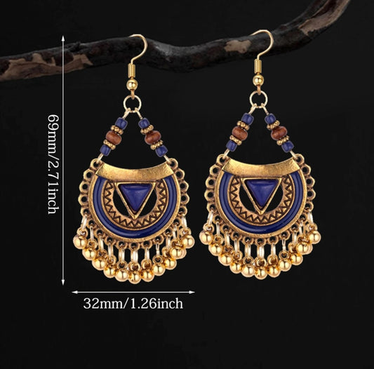 TRIBAL MOSAIC HALF-MOON EARRINGS - BOHO BLUE AND RED DROPS