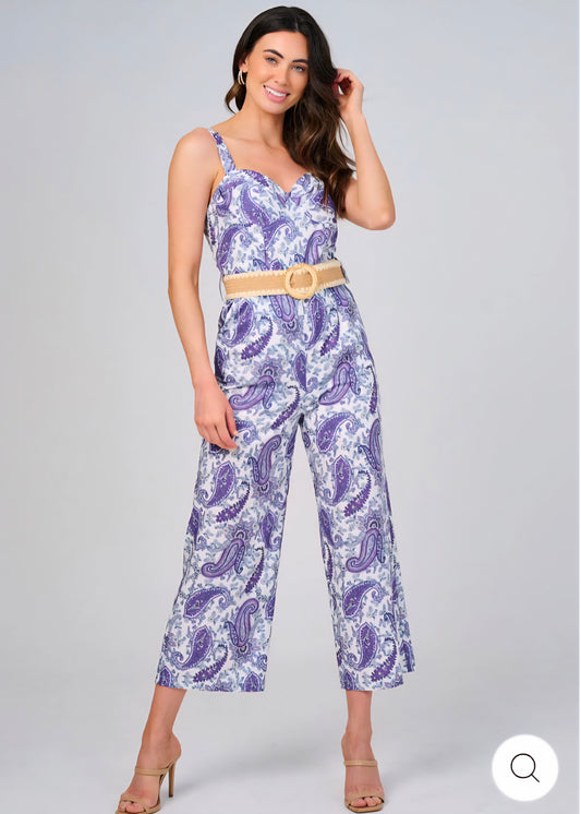 WOMEN'S SLEEVELESS V-NECK FRONT POCKETS BELTED PAISLEY PRINT JUMPSUIT - JAG Universal Collection 