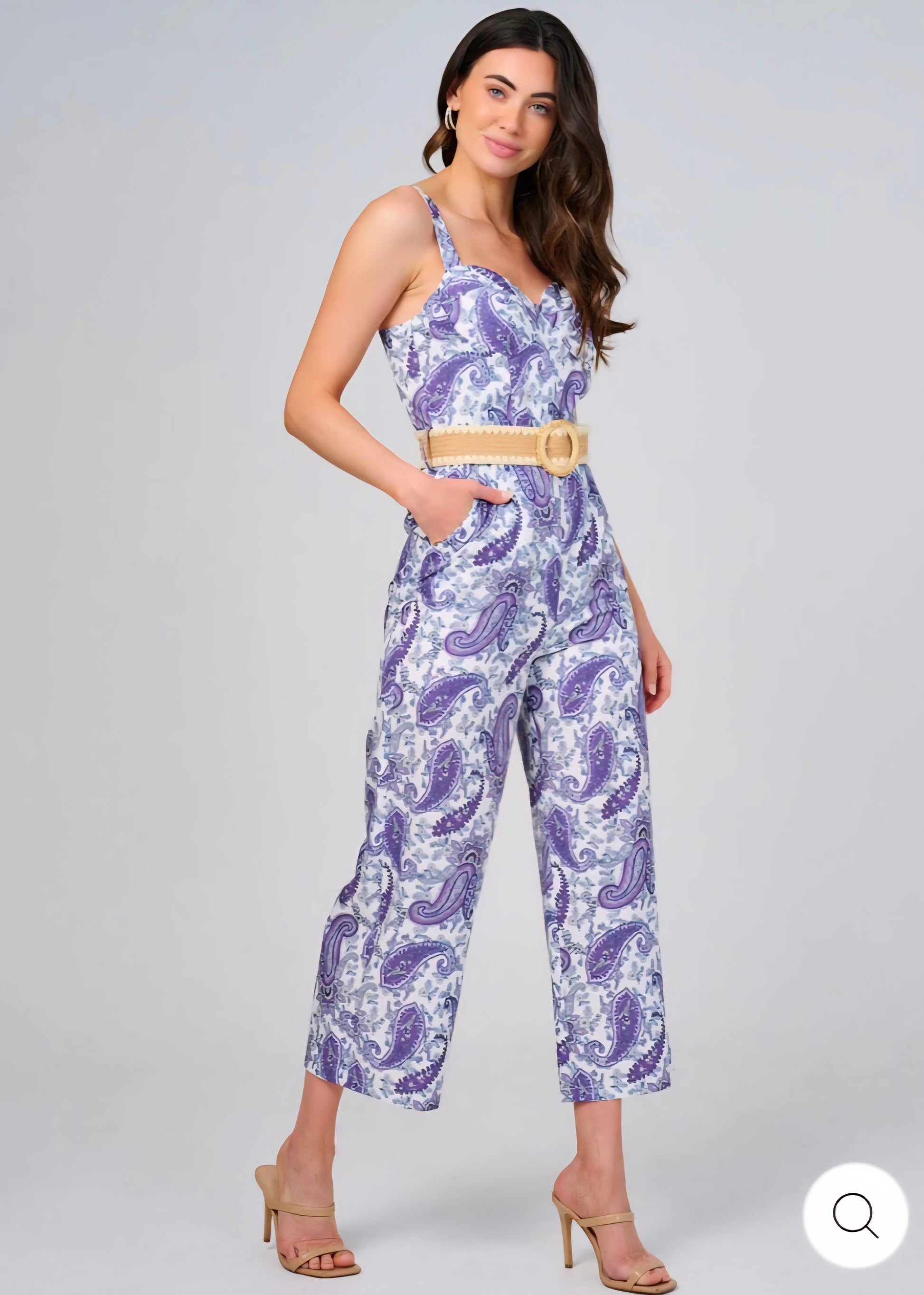 WOMEN'S SLEEVELESS V-NECK FRONT POCKETS BELTED PAISLEY PRINT JUMPSUIT - JAG Universal Collection 