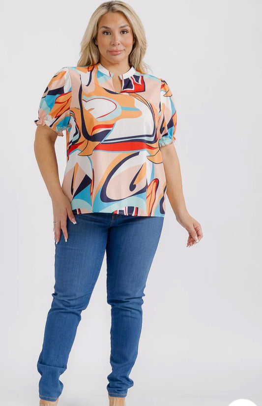 PLUS SIZE SHORT SLEEVES V-NECK MULTI PRINT BLOUSE - JAG Universal Collection 