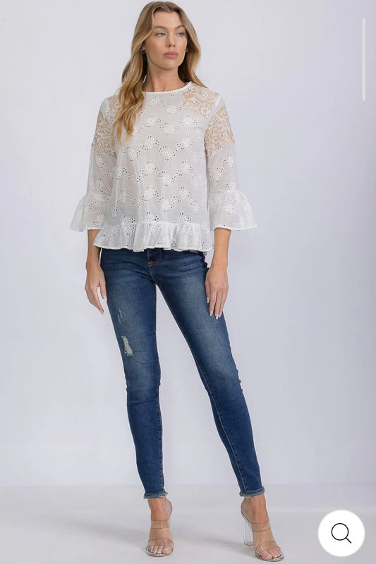 WOMEN'S 3/4 SLEEVE EYELET EMBROIDERY DETAILED BLOUSE - JAG Universal Collection 