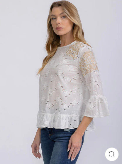 WOMEN'S 3/4 SLEEVE EYELET EMBROIDERY DETAILED BLOUSE - JAG Universal Collection 