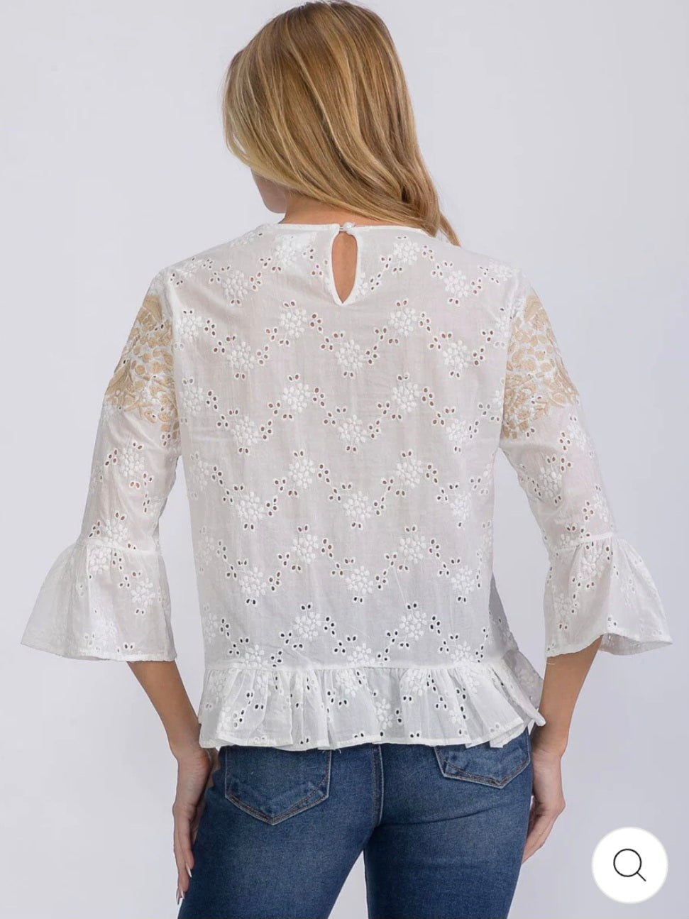 WOMEN'S 3/4 SLEEVE EYELET EMBROIDERY DETAILED BLOUSE - JAG Universal Collection 