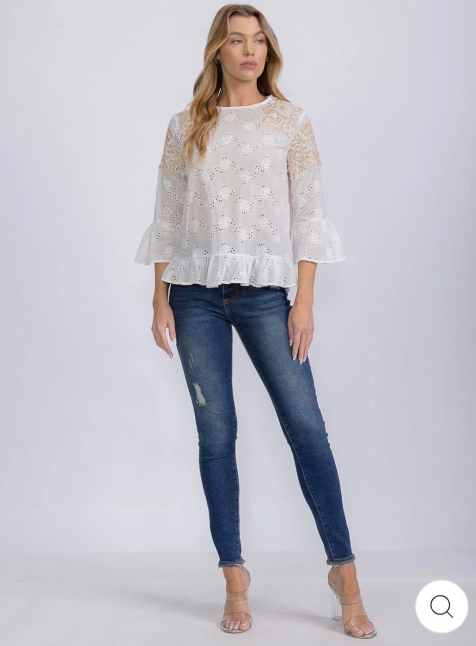 WOMEN'S 3/4 SLEEVE EYELET EMBROIDERY DETAILED BLOUSE - JAG Universal Collection 
