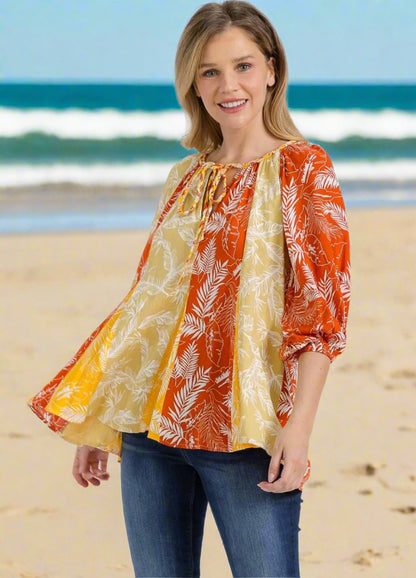WOMEN'S 3/4 SLEEVE V-NECK LEAF PRINT TUNIC BLOUSE - JAG Universal Collection 