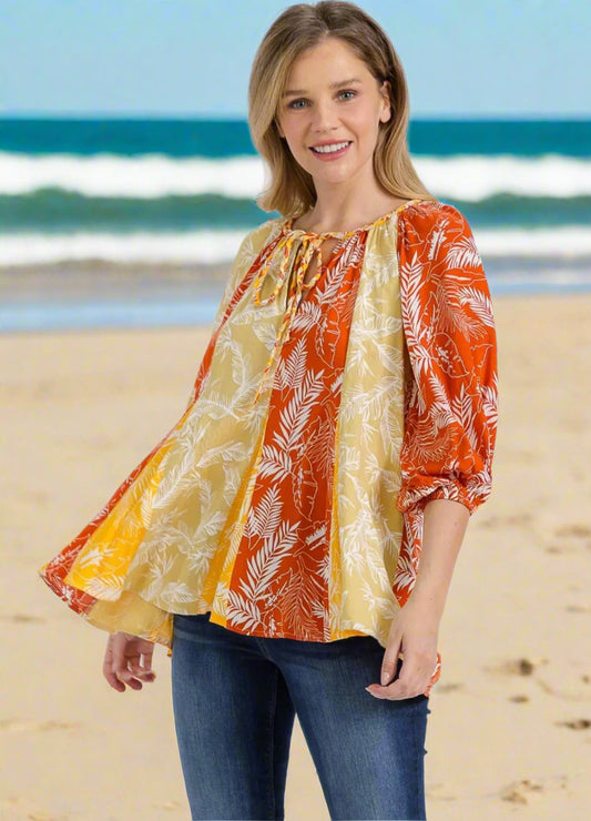 WOMEN'S 3/4 SLEEVE V-NECK LEAF PRINT TUNIC BLOUSE - JAG Universal Collection 