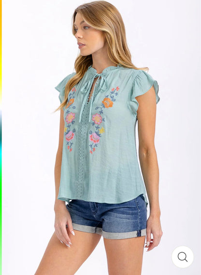 WOMEN'S SHORT SLEEVE V-NECK FLORAL EMBROIDERY BLOUSE - JAG Universal Collection 