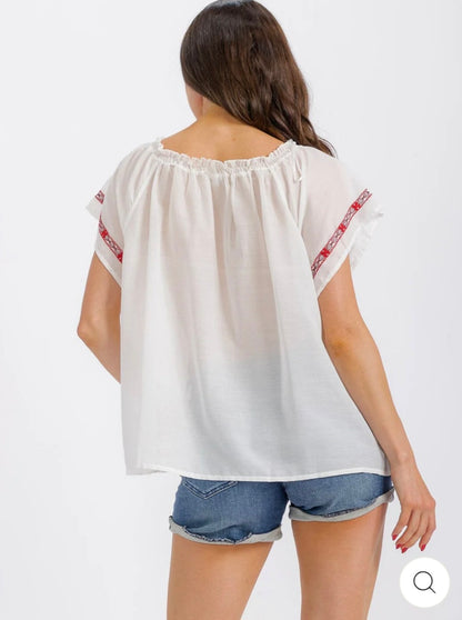 WOMEN'S SHORT SLEEVE EMBROIDERY DETAILED BLOUSE - JAG Universal Collection 
