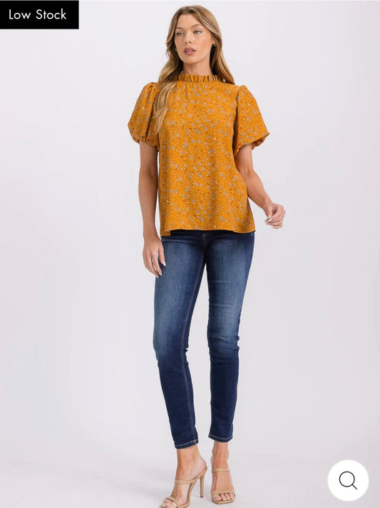 WOMEN'S SHORT PUFF SLEEVE MOCK NECK FLORAL BLOUSE - JAG Universal Collection 