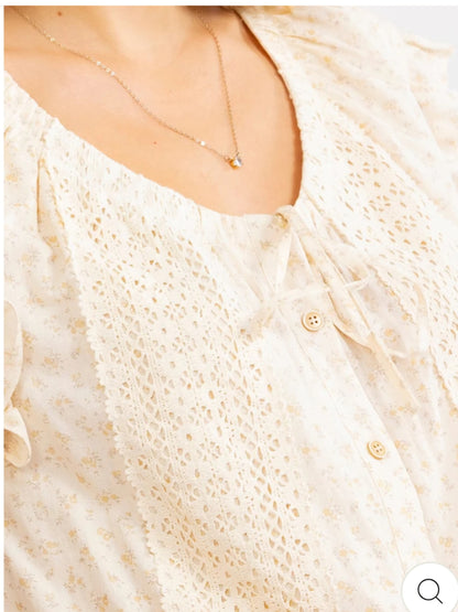 Women’s Floral Crochet V-Neck Button-Front Blouse