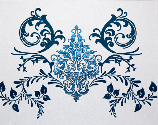 Blue Dahlia Arabesque – 16" x 20" Mixed Media Painting