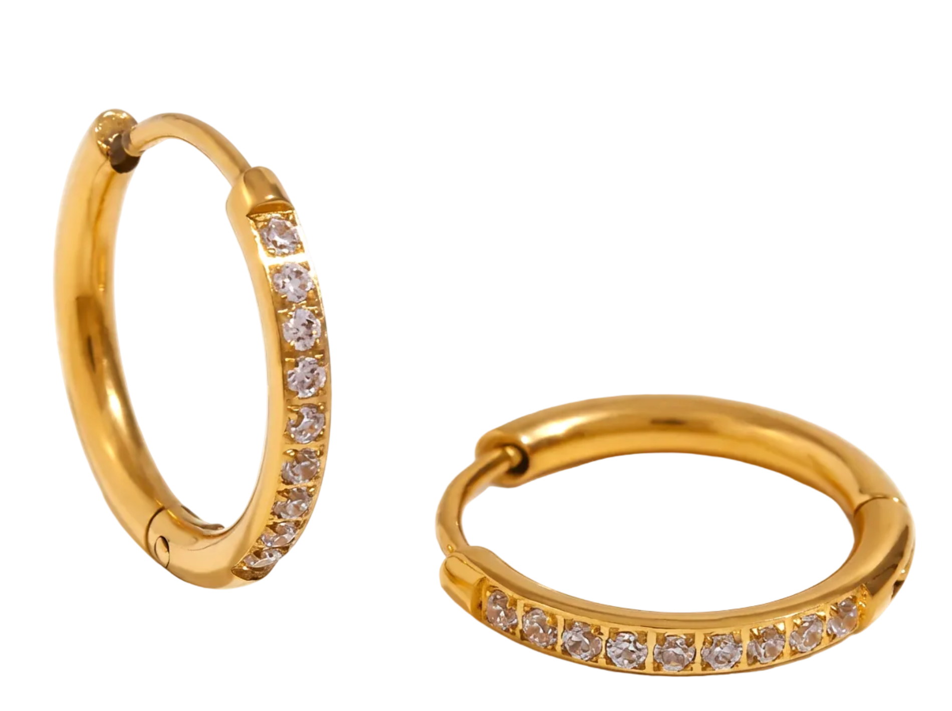 Gold hoop earrings with embedded diamonds on a white background