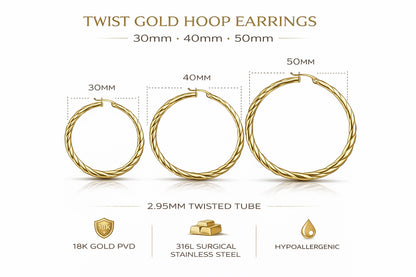 18K Gold PVD 316L Stainless Steel Twist Hoop Earrings – Hypoallergenic, Tarnish-Free, Everyday Luxury (30mm / 40mm /50mm