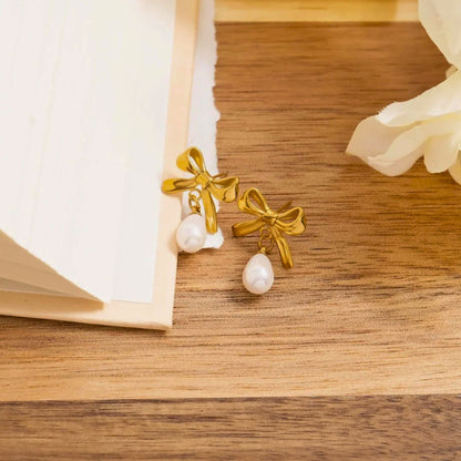 Made in the USA | 18K Gold PVD Freshwater Pearl Bow Earrings | Hypoallergenic 316L Surgical Steel